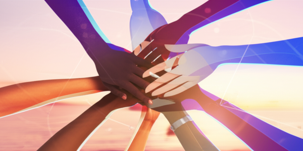 Image of two business people shaking hands or collaborating, with subtle AI elements